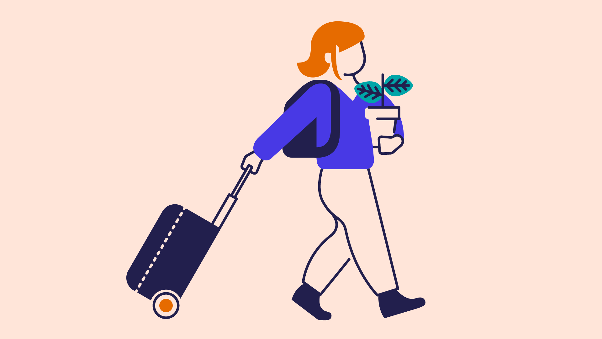 an illustration of a young woman moving into uni, holding a suitcase in one hand and a houseplant in the other hand.