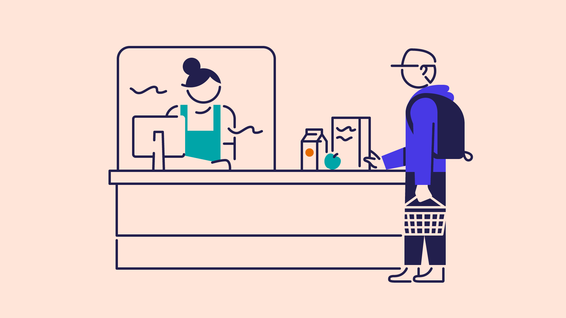illustration of a shopper and a cashier at supermarket checkout
